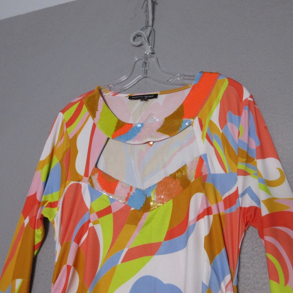 Boston Proper Dress Large Sequin Maxi Cut Out Ruche Psychedelic Colorful - Picture 4 of 14